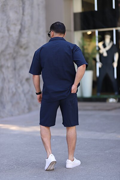 MYRAB DENİM Lacivert Renk Gömlek Şort Erkek Keten Takım Oversize Kalıp