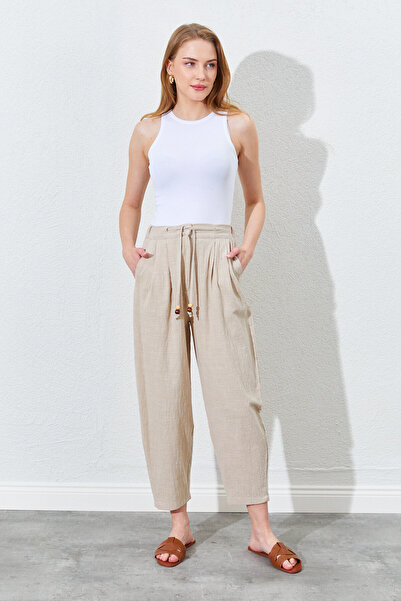 Manche Παντελόνι από λινό κομμένο σε καρότο με ελαστική μέση - Πέτρα |   Mks661931-01