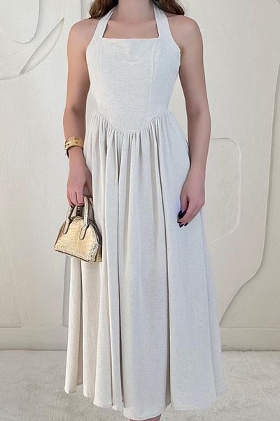 Elbee Fashion Woman Halter Linen Dress