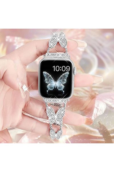 REDz Accessories Crystal Butterfly Strap For Apple Watch Design With Rhinestones, Metallic, Silver - 38/40/41 Mm