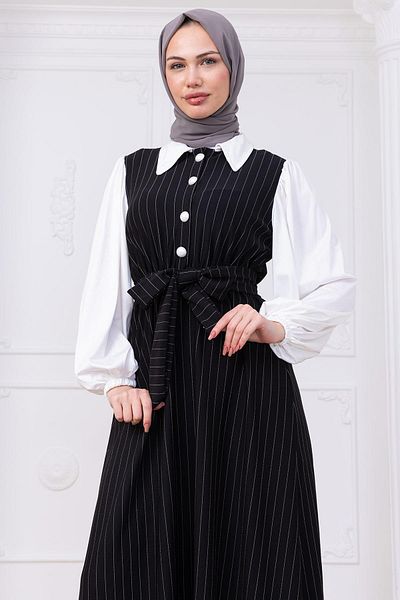 hafsamina Sleeve Garnish Striped Hijab Dress Black Hm2740