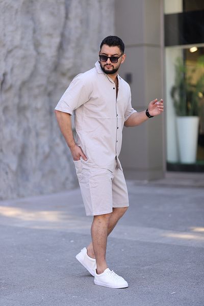 MYRAB DENİM Πουκάμισο Stone Color Σορτς Ανδρικό Λινό Εργαλείο Oversize Mold