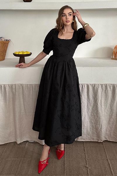 Elbee Fashion Woman Rochie Brode cu mâneci balon și detaliu broderie