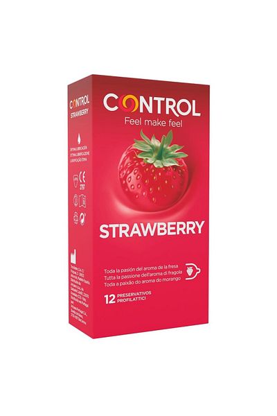 control Strawberry Flavored Condoms, Optimized Lubrication, Strawberry Control, 12 Pieces