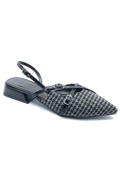 Kocamanlar Ayakkabı Feles Buckle Detailed Short Heeled Open Back Women's Ballerina Shoes Black-White