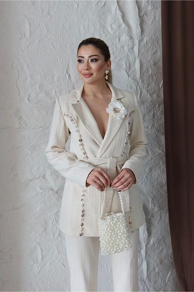 1Moda1Tarz Women's Imported Linen Fabric Seashell and Pearl Embroidered Belted Lined Special Design Top and Bottom Set