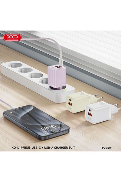 REDz Accessories Adaptor de priză UE Xo-l149, port Type-C, încărcare rapidă, putere 30w, alb