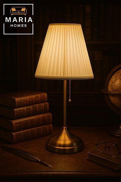 MARIA HOMES Vintage Brass Table Lamp with Pleated Shade for Cozy Bedroom or Entryway
