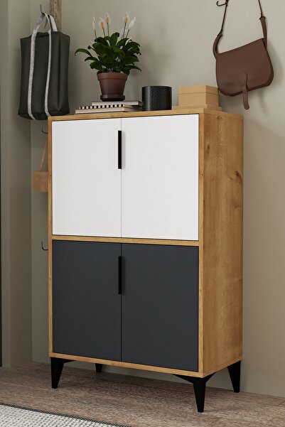 Evmo Home 1404 Ada Ayakkabılık 4 Raflı 4 Kapaklı Çok Amaçlı Dolap Kiler Safir Beyaz Antrasit Safir