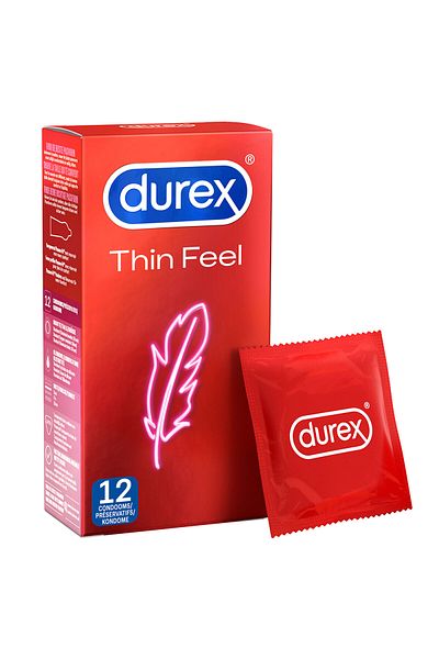 Durex Extra Thin Condoms with Extra Lubrication, Durex Thin Feel, 12 Pieces