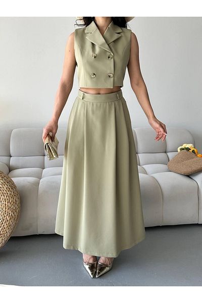 Ekim Store Buttoned Double Breasted Collar Double Blazer Vest and Skirt Suit