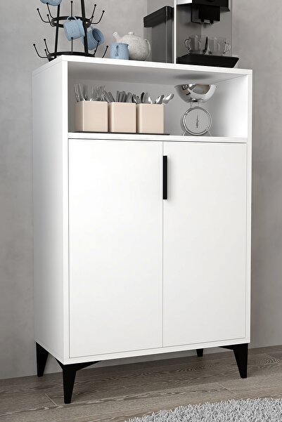 Evmo Home 1201 Ada Çok Amaçlı Dolap , Kahve Köşesi , Kiler Dolabı , Mutfak Standı 2 Kapılı 4 Bölmeli - Beyaz