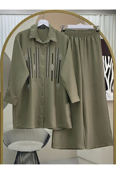 Modamorfo Buttoned Front Sequined Trousers Suit - Khaki