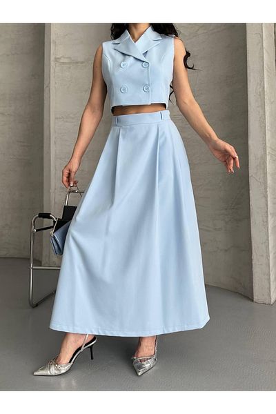 Ekim Store Buttoned Double Breasted Collar Double Blazer Vest and Skirt Suit