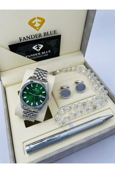 FANDER BLUE Fender Blue 4-piece men's set: watch, pen, cufflinks, and box