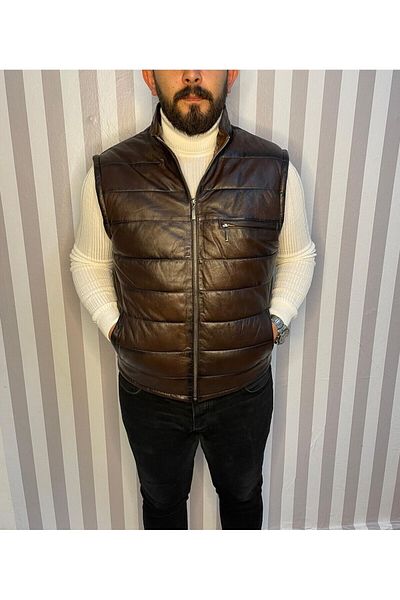 NYC GİYİM TEKSTİL Inflatable Genuine Leather Vest Blackened Brown Casual, Seasonal Slim Fit Cut