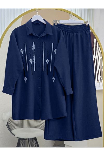 Modamorfo Buttoned Front Sequined Trousers Suit - Navy