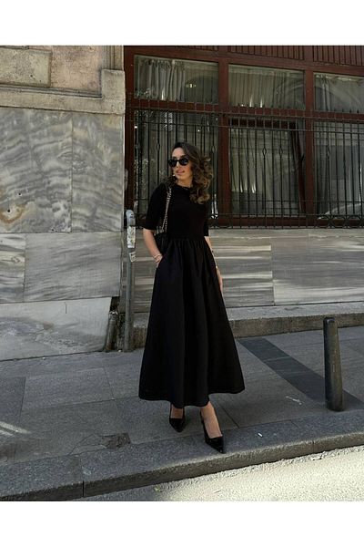 Masspera Rochie evazată din țesătură popelin cu mânecă scurtă cu decolteu