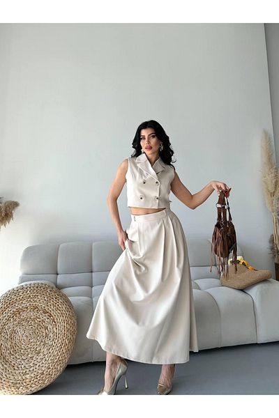 Ekim Store Buttoned Double Breasted Collar Double Blazer Vest and Skirt Suit
