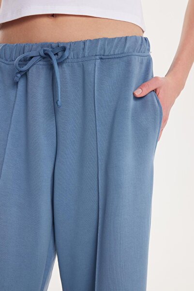 Tudors Women's Modal Fabric Slim Fit Slim Fit Elastic Waist Lace up Blue Trousers