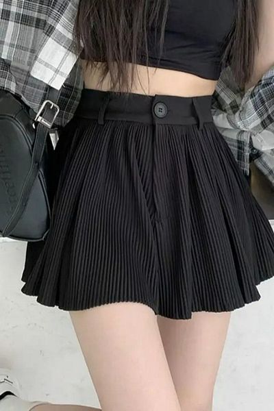 Köstebek Pleated Buttoned Black Mini Short Skirt