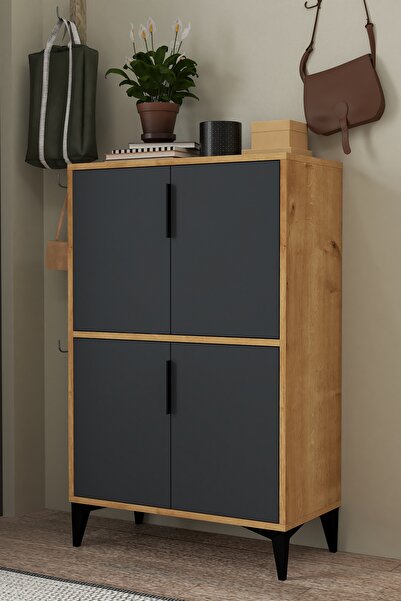 Evmo Home 1403 Ada Ayakkabılık 4 Raflı 4 Kapaklı Çok Amaçlı Dolap Kiler Safir Antrasit