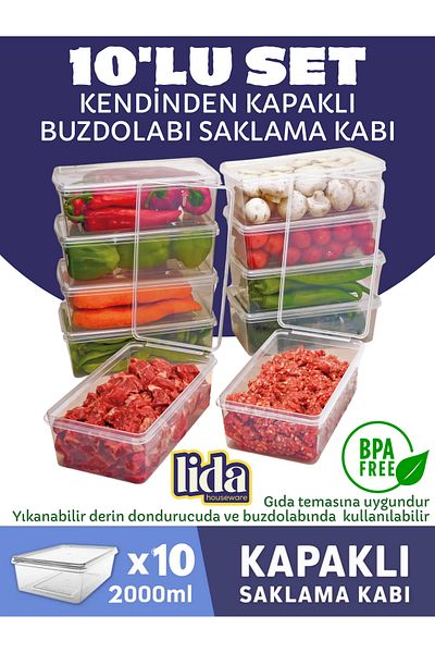 Lida Houseware Plastic Storage Container 2 Liters 10 Pieces - Freezer Container with Self-Cover Does Not Affect the Air