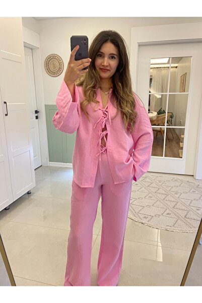 Nihanello Butik Pembe önden bağlamalı alt üst takım