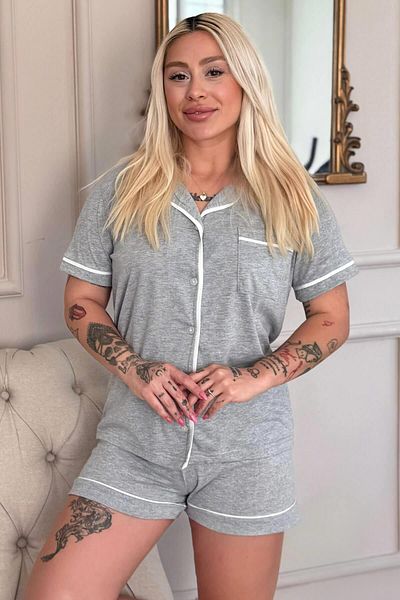 Pijamaevi Gris Classique Patterned Short Sleeve Shorts Front Buttoned Women's Pajama Set