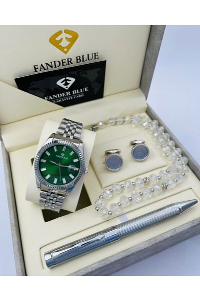 FANDER BLUE Fender Blue 4-piece men's set: watch, pen, cufflinks, and box