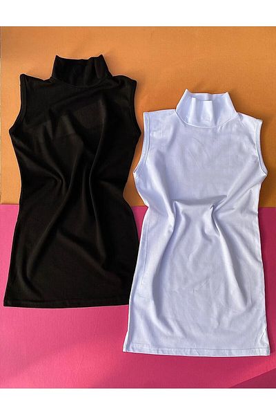 Goddess of Beauty Half-Necked 2-Piece Black and White Color Turtleneck Cotton Women's Tank Top