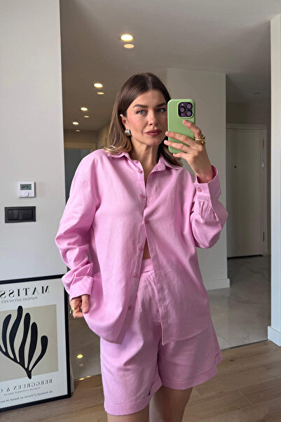 Sue Store Pembe Premium Keten Gömlek