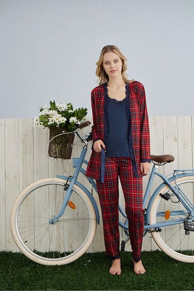 Pijamoni Women's Milan Fabric Printed Red Pajama Set with Dressing Gown and Straps - 7570