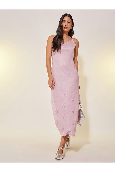 Styli Metallic Strappy Sheath Midi Dress with Corsage Detail