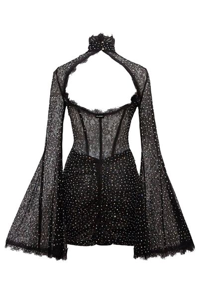 FLAST Women's Black Special Stone Detailed Polka Dot Lace Fabric Balloon Sleeve Afro Special Design Mini Dress
