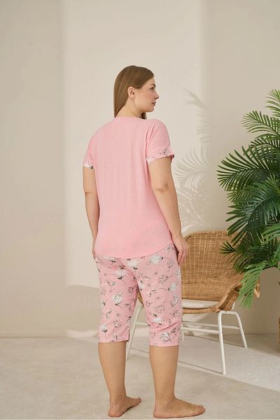 Pijamoni Polyviscon Fabric Large Size Pink Pajama Set - 7345