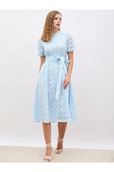 Styli Schiffli Puff Sleeves Belted Shirt Midi Dress