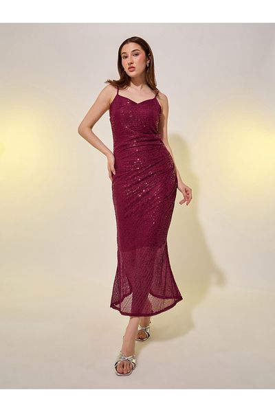 Styli Embellished Sleeveless Side Ruched Sheath Midi Dress