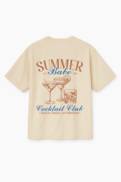 Altair Tr تي شيرت صيفي كبير الحجم باللون البيج مطبوع عليه كوكتيل نادي الكوكتي...