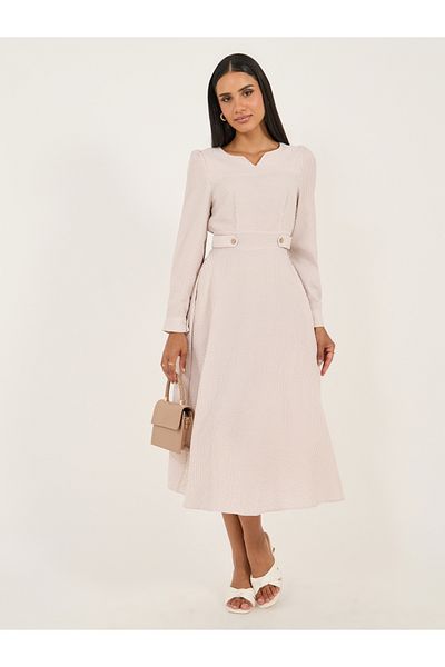Styli Beige Striped A-Line Midi Dress