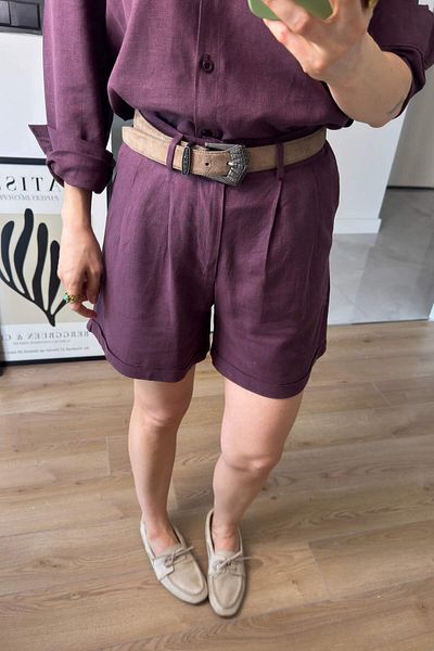 Sue Store Burgundy Premium Belted Linen Shorts