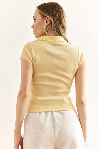 Olalook Women Yellow Polo Neck Short Sleeve Lycra Cotton Blouse Blz-19002995