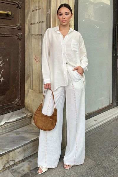 VAGGON Women's White Shepherd Stitched Double Pocket Trousers V00033-A