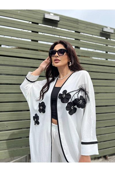 aytenli Straight Collar Oval Cut Stripe Flower Detailed Draped Top Wide Leg Elastic Waist Size Pocket Set