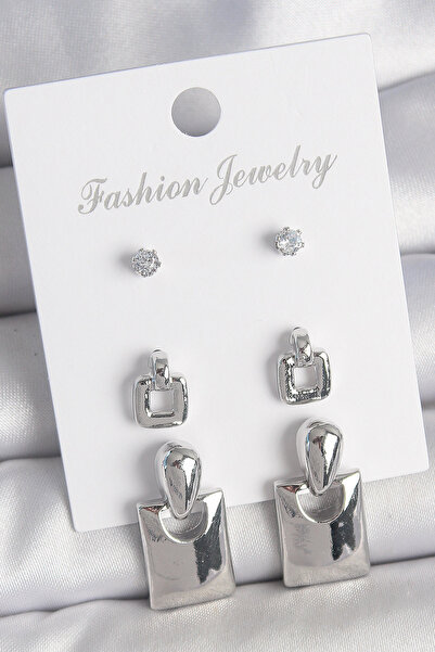 Epilons Brass Silver Color Zircon Stone Detail Dangle Square Model 3 Pairs Wo...