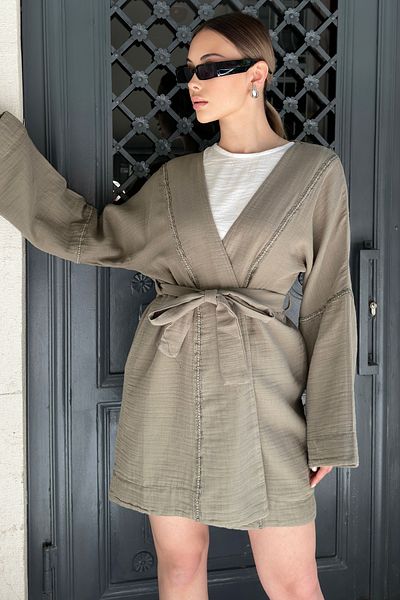 VAGGON Women's Khaki Tie-Up Linen Kimono V00029-C