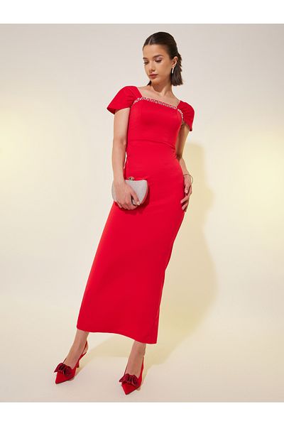 Styli Embellishment Trim Short Sleeve Sheath Maxi Dress