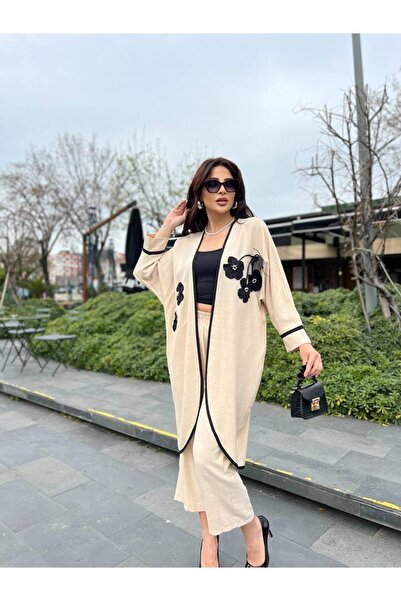 aytenli Straight Collar Oval Cut Stripe Flower Detailed Draped Top Wide Leg Elastic Waist Size Pocket Set