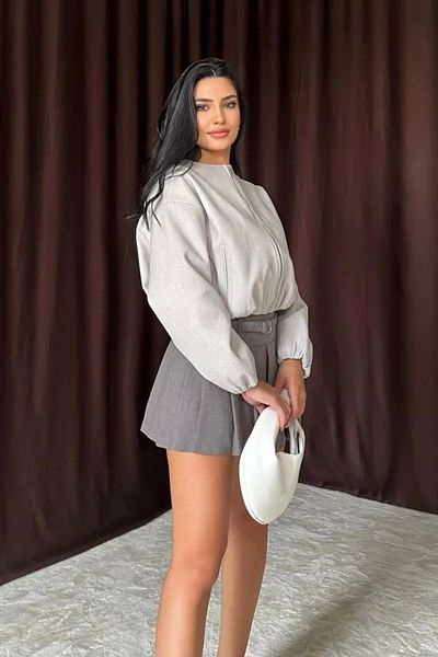 HELİS BUTİK Gray Short Front Zippered Bomber Jacket