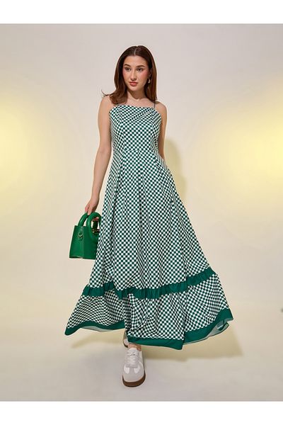 Styli Checkered Strappy Pleated A-Line Maxi Dress